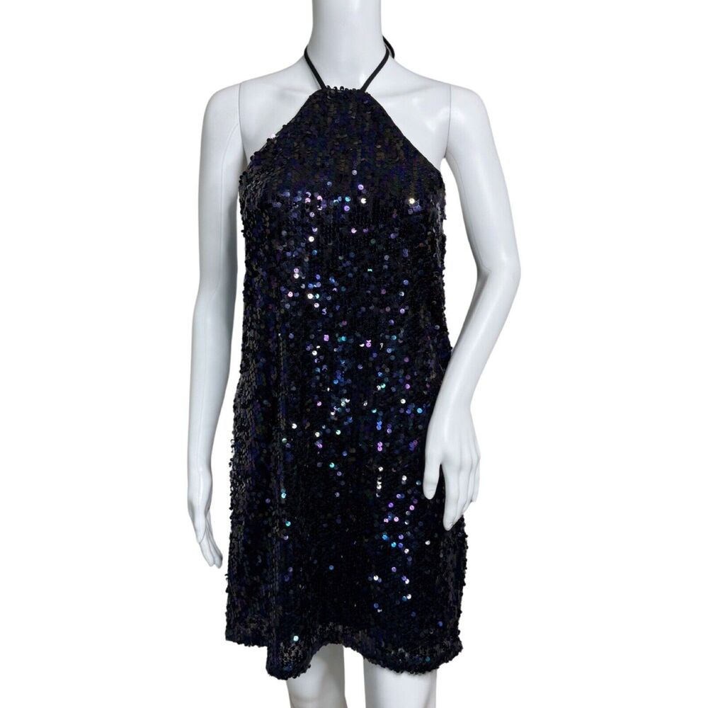 Jolt Dress Womens Small Black Multi Allover Sequin Mini Shimmer Sparkle Party